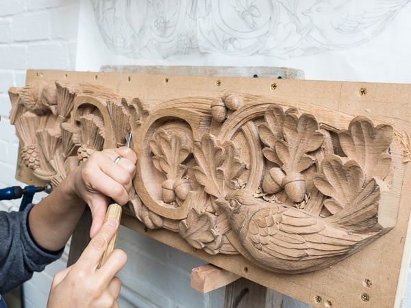 Bespoke wood carving commission - Jay bird and Oak leaf