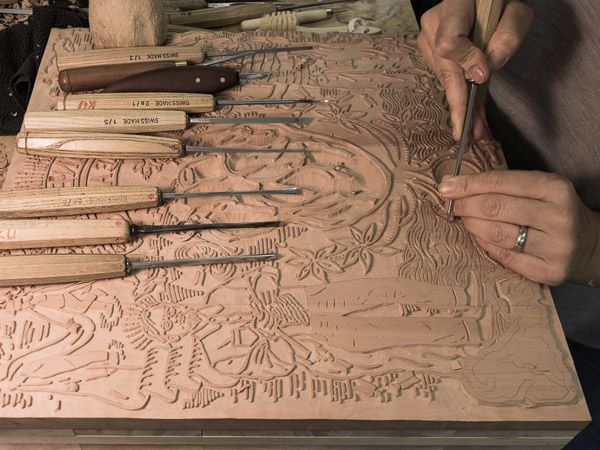 Hand-carved Tillet print block in pear wood